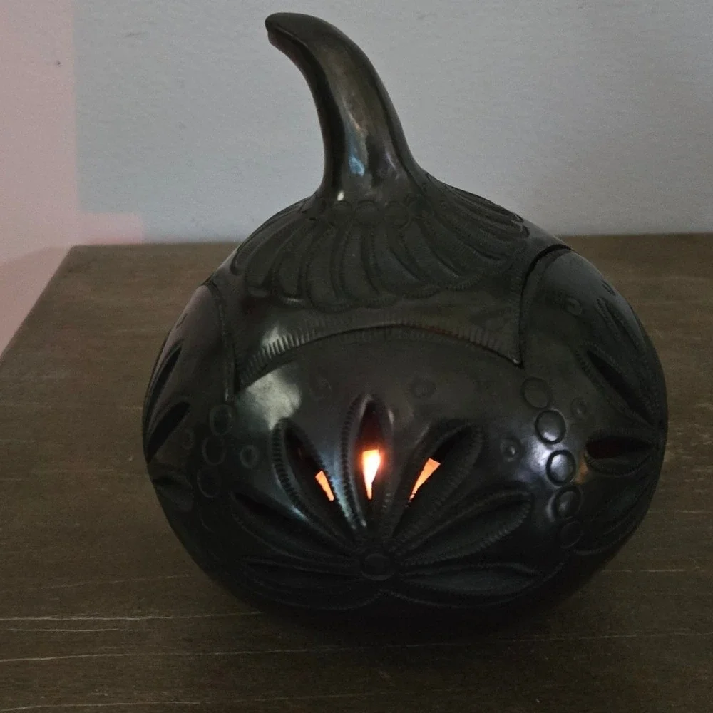 Hand Carved Black Clay Pumpkin Luminary Barro Negro Style Candle Holder 5.5